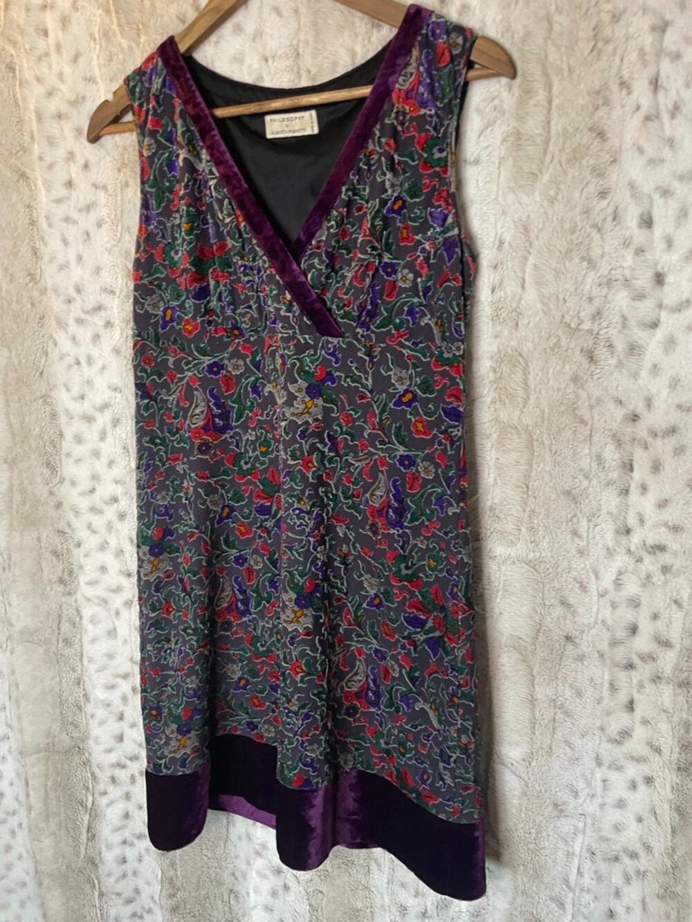 Vintage Philosophy Alberta Ferretti Floral Velvet Trim Dress US 4